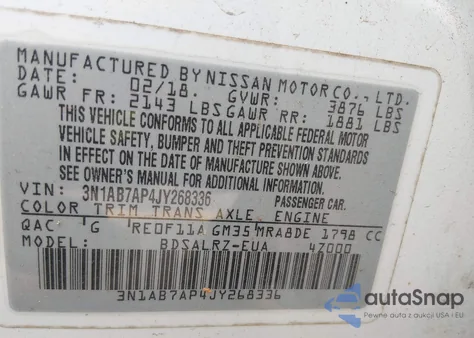 2018 Nissan Sentra Sr z USA, uszkodzony, nr VIN 3N1AB7AP4JY268336